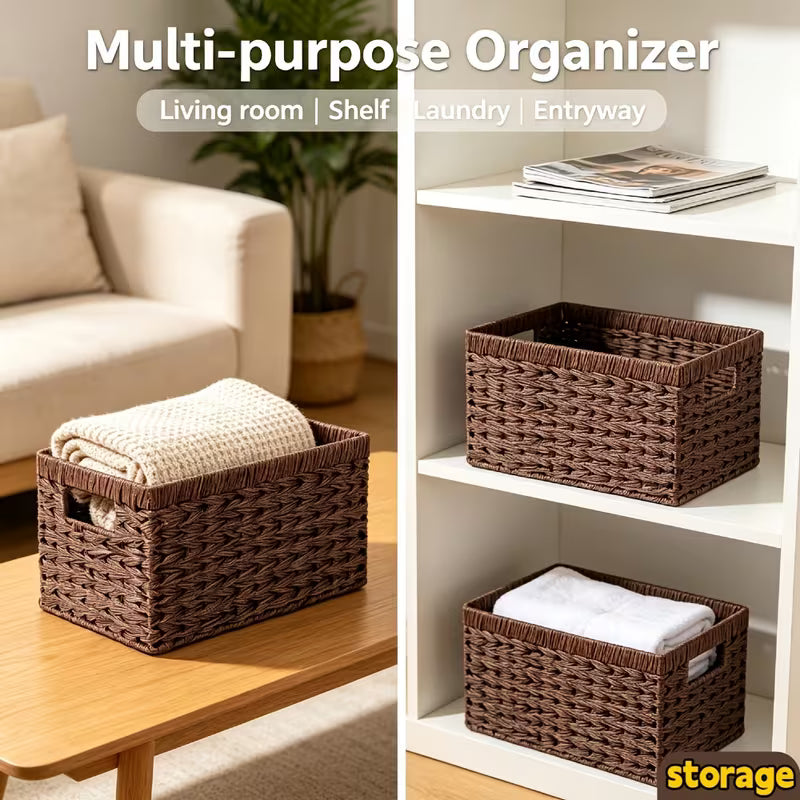 Woven Hyacinth Storage Baskets with Cut-out Handles
