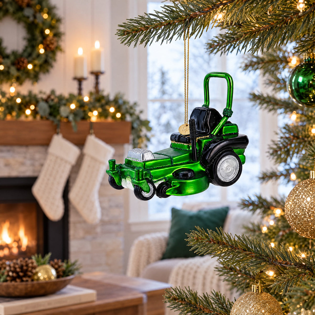 Riding Lawn Mower Glass Christmas Ornament