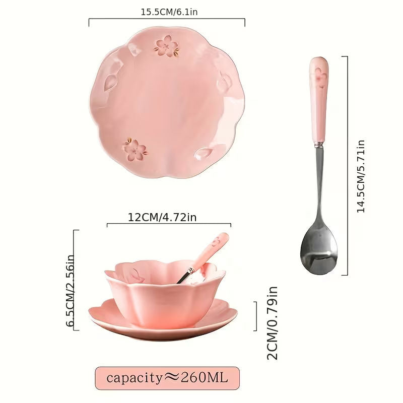 5-Inch Cherry Blossom Ceramic Salad Bowl Set with Plate and Spoon Pink