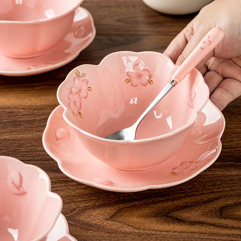5-Inch Cherry Blossom Ceramic Salad Bowl Set with Plate and Spoon Pink