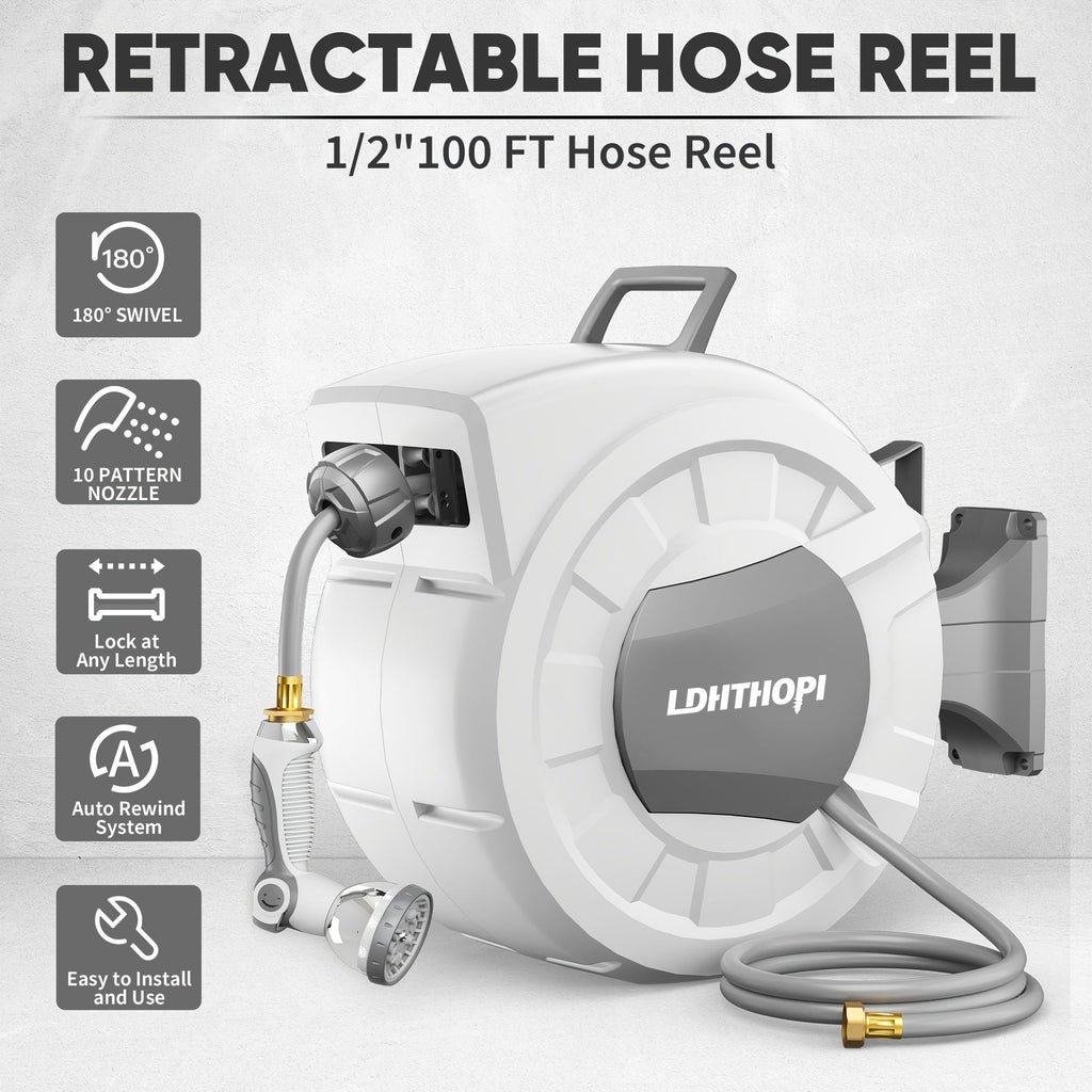 Retractable Garden Hose Reel with 10-Pattern Nozzle