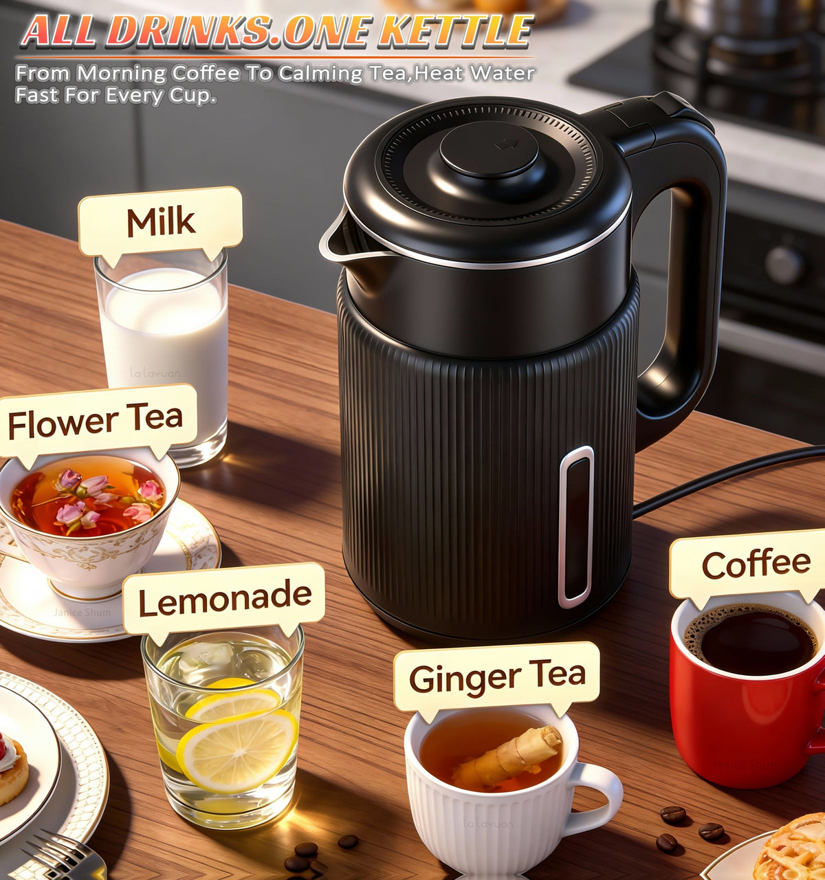 1000W Electric Kettle 1.7L Water Boiler 304 Stainless Steel Double Wall Auto Shut Off