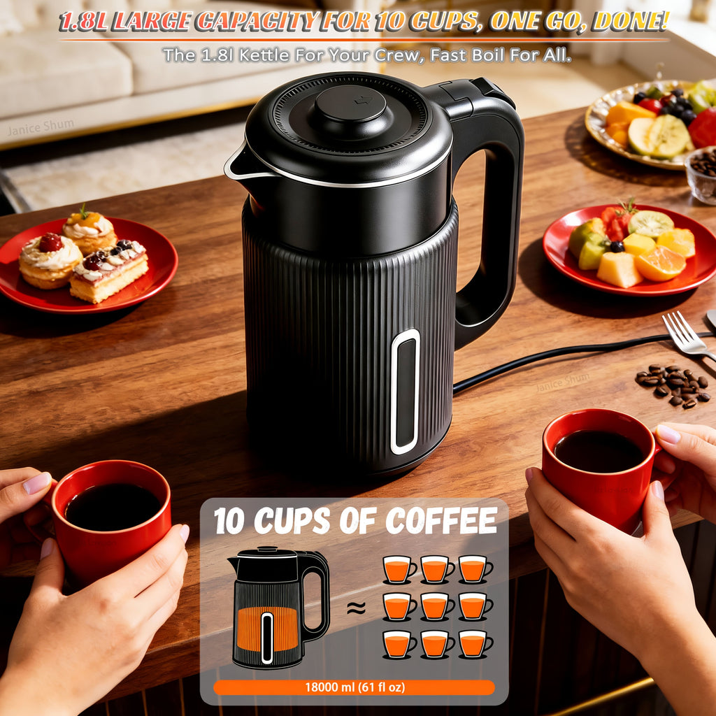 1000W Electric Kettle 1.7L Water Boiler 304 Stainless Steel Double Wall Auto Shut Off