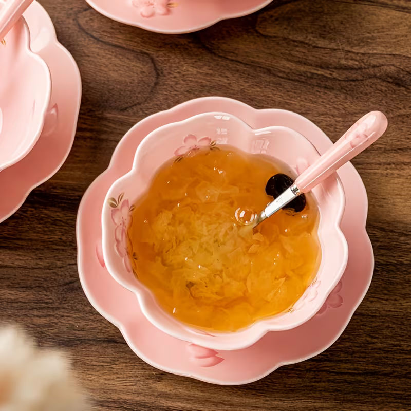 5-Inch Cherry Blossom Ceramic Salad Bowl Set with Plate and Spoon Pink