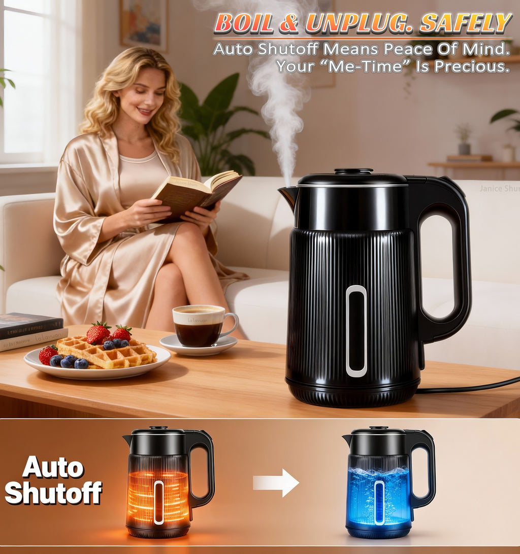 1000W Electric Kettle 1.7L Water Boiler 304 Stainless Steel Double Wall Auto Shut Off