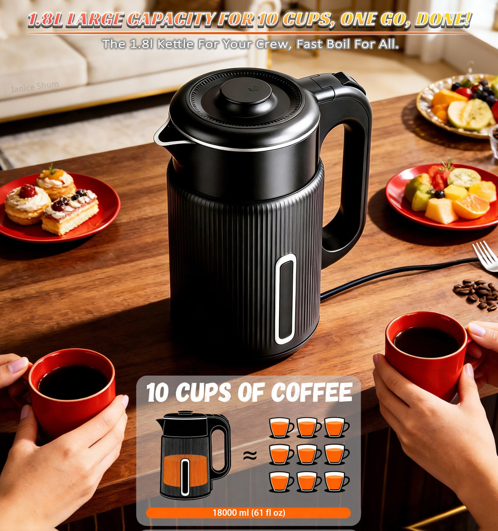 1000W Electric Kettle 1.7L Water Boiler 304 Stainless Steel Double Wall Auto Shut Off