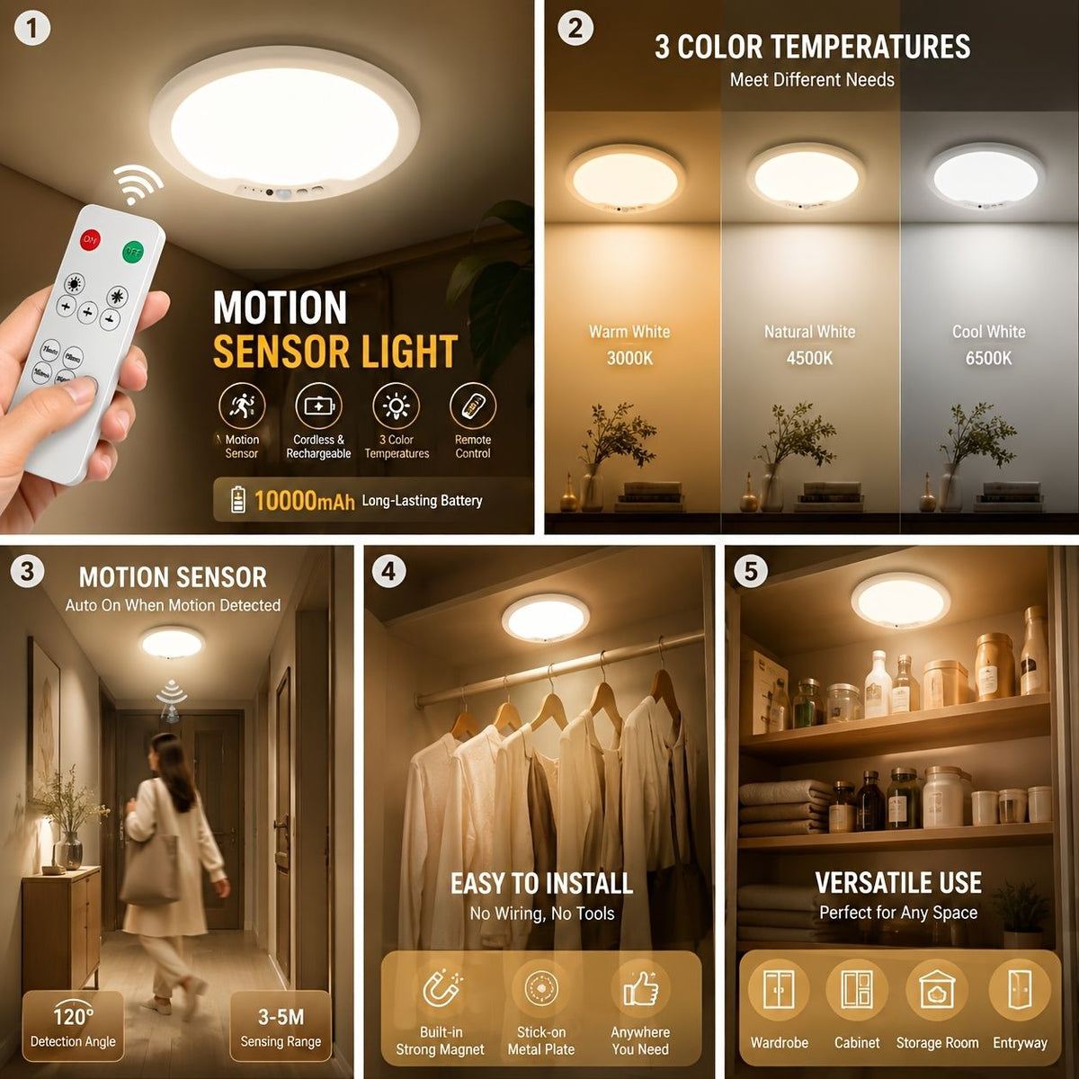 Rechargeable LED Ceiling Light with Motion Sensor