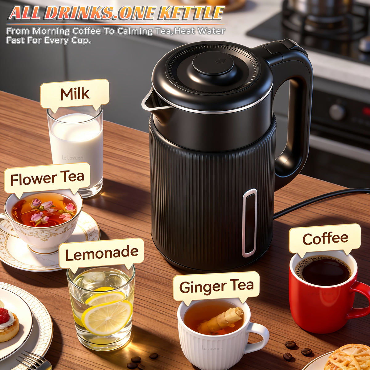 1000W Electric Kettle 1.7L Water Boiler 304 Stainless Steel Double Wall Auto Shut Off
