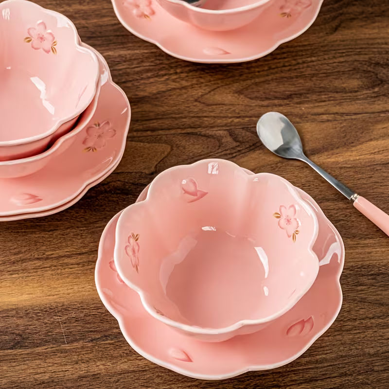 5-Inch Cherry Blossom Ceramic Salad Bowl Set with Plate and Spoon Pink