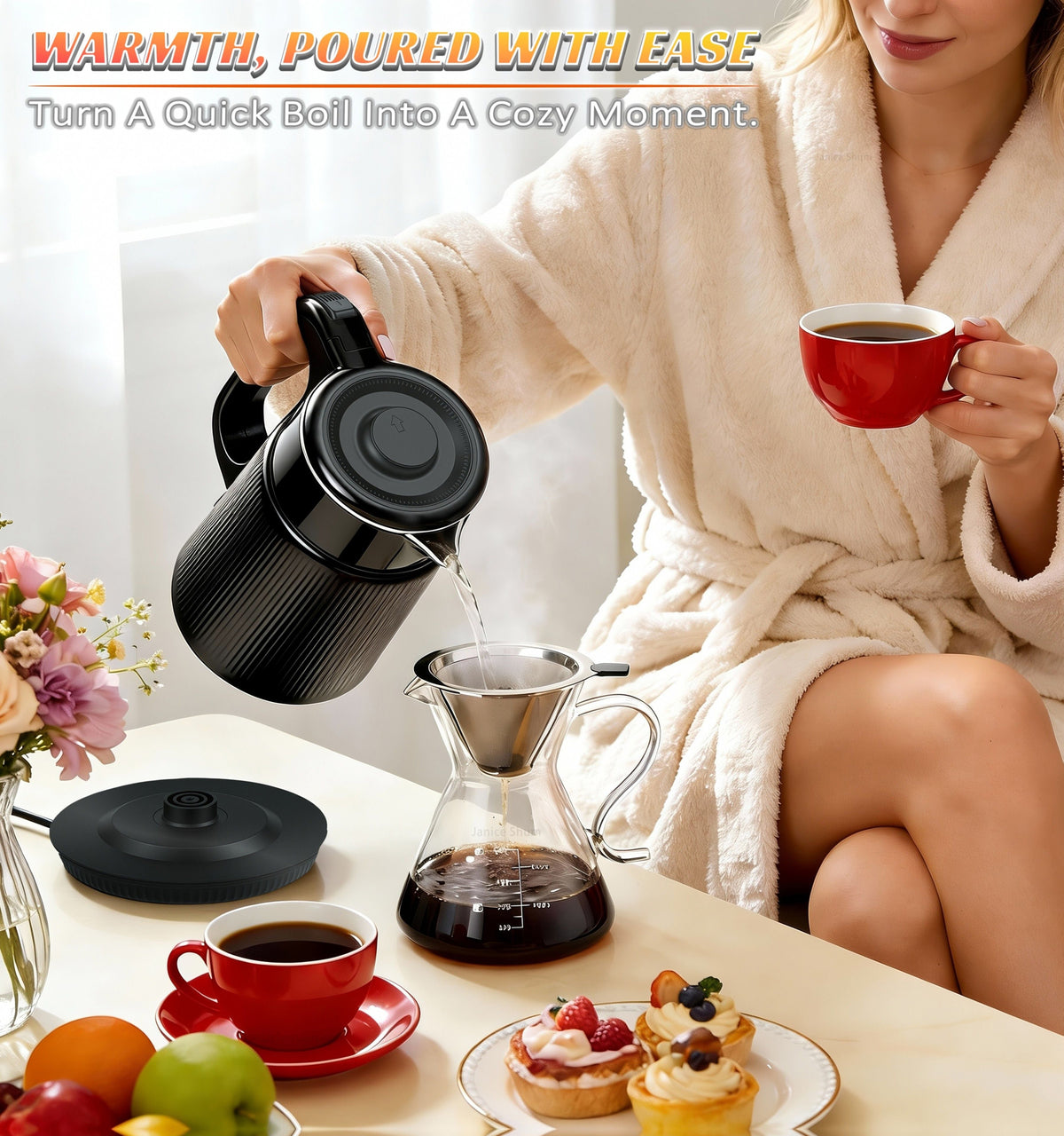 1000W Electric Kettle 1.7L Water Boiler 304 Stainless Steel Double Wall Auto Shut Off